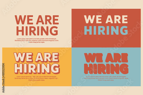 Four retro style we are hiring signs with different background colors