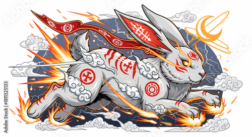Lunar Hare A white rabbit with glowing eyes, lightning, and traditional symbols