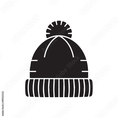 Black knitted winter beanie hat with pompom