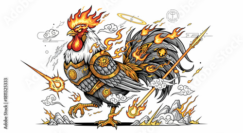 Fiery Rooster Warrior An Illustration of Strength and Combustion