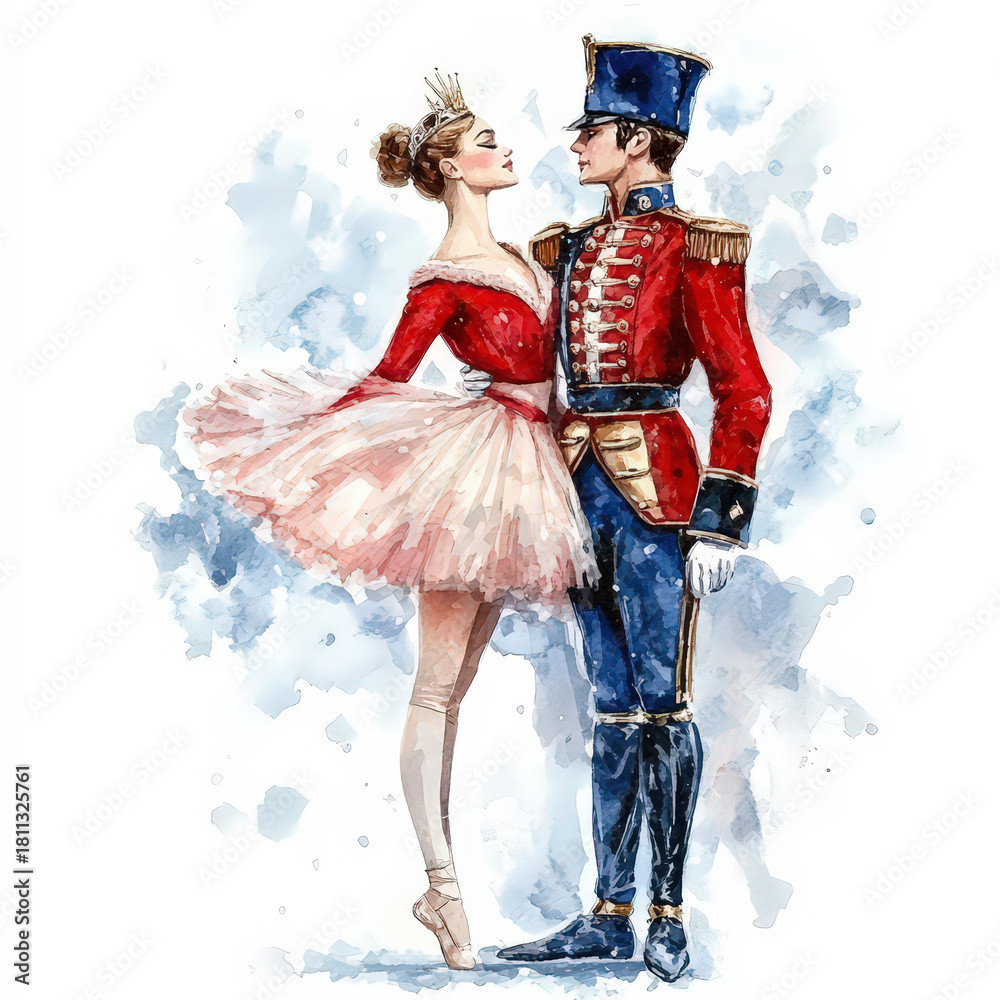 Naklejka premium Nutcracker and ballerina, fairy-tale characters watercolor illustration