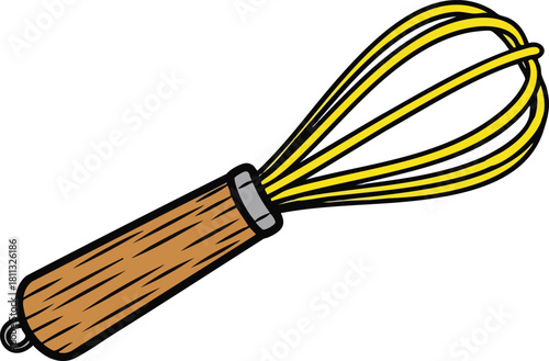 Simple illustration of a yellow wire whisk with a wooden handle on a white background