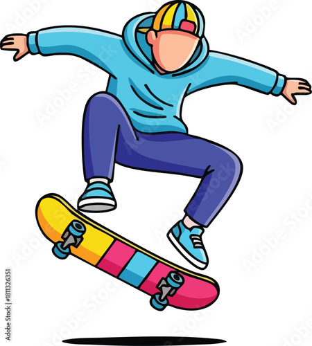 Pixel Art Skateboarder Performs Trick Mid Air Wearing Blue Hoodie and Purple Pants