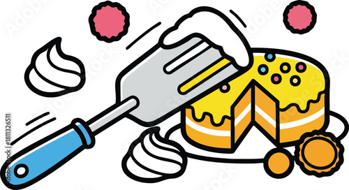 Yellow frosted cake with cream and sprinkles being served with a spatula celebration dessert