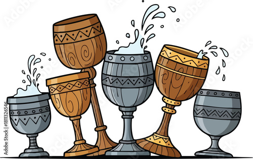 Six Ornate Goblets Spill Liquid Against White Background Detailed Illustration