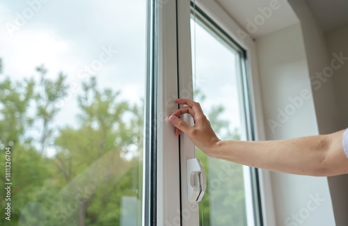 Person opens modern pvc window for room airing. Sunlight comes through transparent glass. Green trees outside. Airing room for fresh air. Concept of clean house. Ventilation at home in summer. Free Download Person opens modern pvc window for room airing. Sunlight comes through transparent glass. Green trees outside. Airing room for fresh air. Concept of clean house. Ventilation at home in summer. - GFXLoad