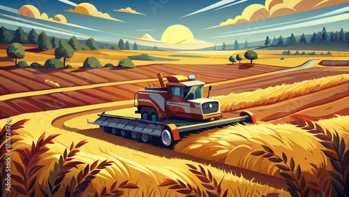 Very beautiful aerial-style description of a rural North Dakota grain field showing a damaged combine harvester resting on scorched ground, with surrounding golden crops untouched, creating a dramatic