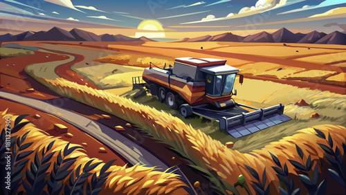 Very beautiful aerial-style description of a rural North Dakota grain field showing a damaged combine harvester resting on scorched ground, with surrounding golden crops untouched, creating a dramatic