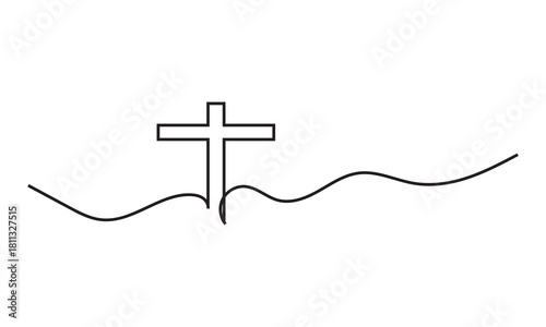 Simple cross grave symbol line illustration. Minimalist line art showing a cross rising from a horizontal ground line, suitable for themes of memorials, faith, and remembrance.

