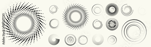 Abstract circular halftones element set, geometric dotted ring and spiral circle shapes for modern design, technology, or motion graphic backgrounds. Dotted round elements, radial spirals, and vortex.