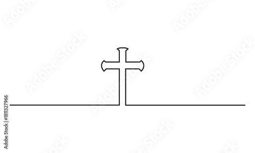 Simple cross grave symbol line illustration. Minimalist line art showing a cross rising from a horizontal ground line, suitable for themes of memorials, faith, and remembrance.


