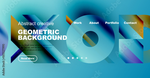 Bright fluid shapes create dynamic background. Website header includes navigation options, text, button. Modern design aesthetic.