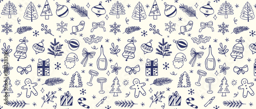 Seamless pattern with hand-drawn Christmas elements. Doodle design for winter holidays, greeting cards, gift wrapping, fabric, and textiles.