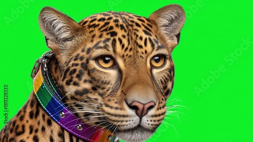 Close-up of a leopard with a colorful collar against a bright green background showcasing vivid animal features