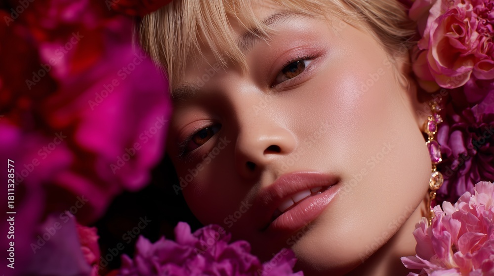 Naklejka premium Portrait of a woman surrounded by vibrant flowers in an artistic, floral setting