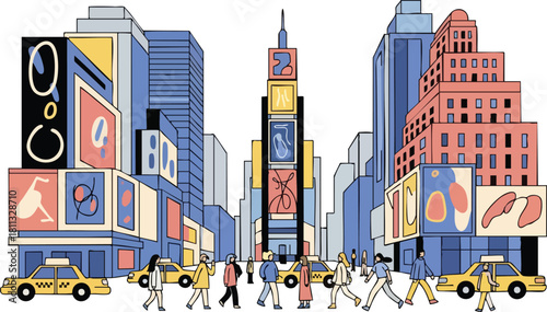 Busy City Street With Yellow Taxis And Pedestrians Amidst Tall Buildings And Billboards During The Day