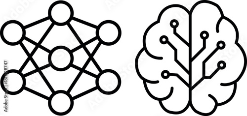 Machine Learning Line Icons Set – AI Brain and Neural Network Vector