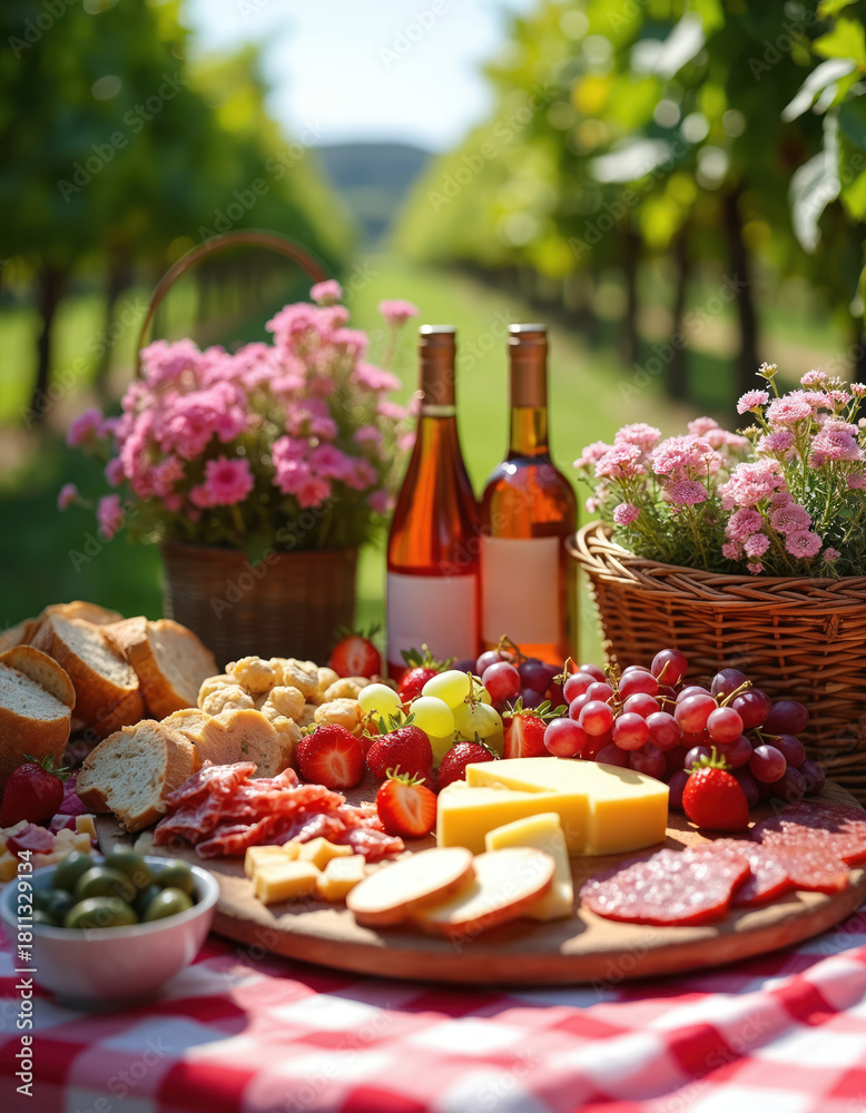 Obraz premium Elegant picnic setup in vineyard with wine, cheese, fruit, and cured meats. Basket with pink flowers and checkered cloth complete the scene.
