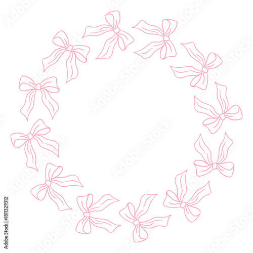 Hand drawn round frames with bows and ribbons. Vintage bow frames for greeting cards, weddings, birthdays, and picnic invitations in a sweet, elegant, and flirty style.