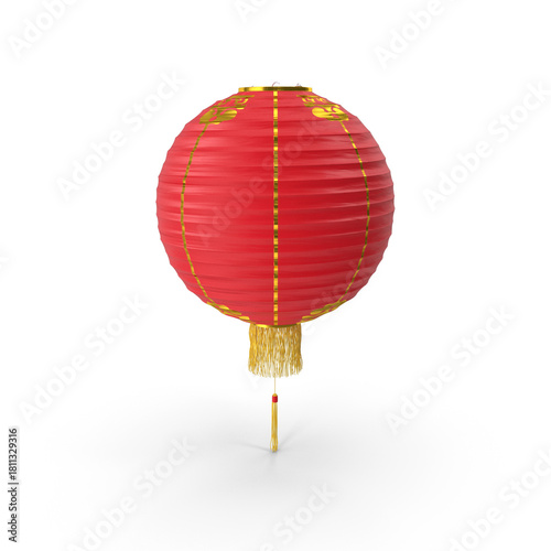 Bright red paper Chinese lantern with decorative tassel on transparent background