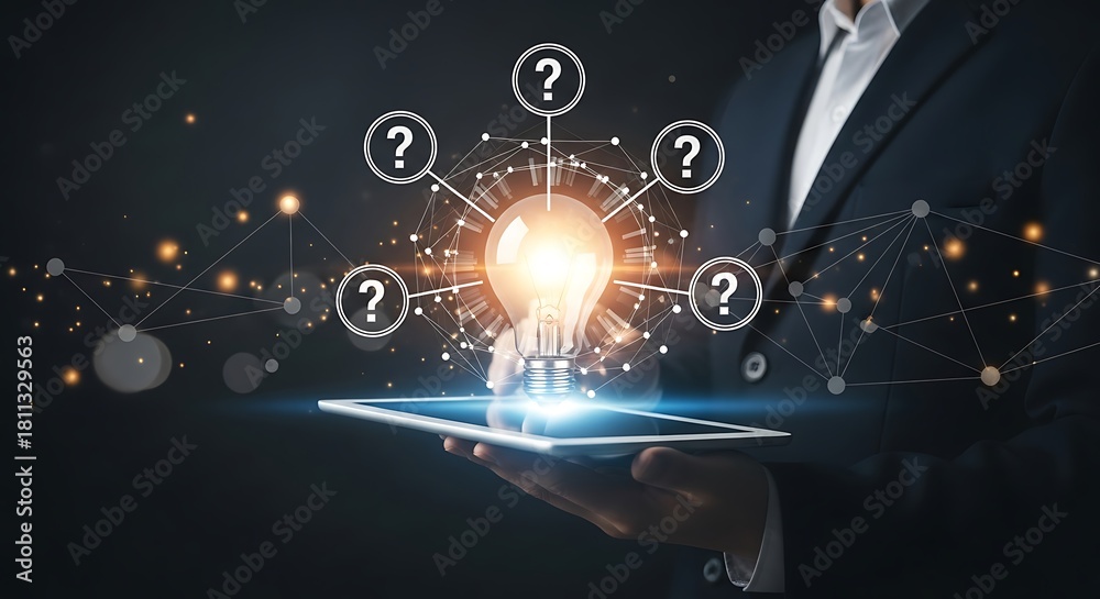 Obraz premium Businessman holding a tablet with a glowing light bulb and question marks symbolizing ideas and problem solving