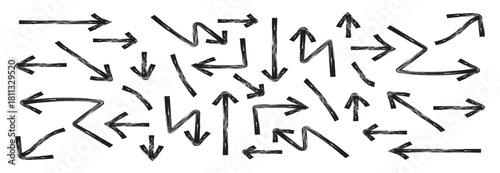  Collection of hand drawn doodle thick arrows in different directions. Various bold brush drawn curved arrows. marker drawn bold arrows set. 