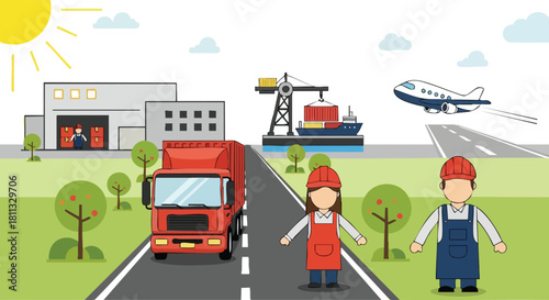 Pixelated workers overseeing logistics with truck cargo ship and airplane in sunny daytime scene