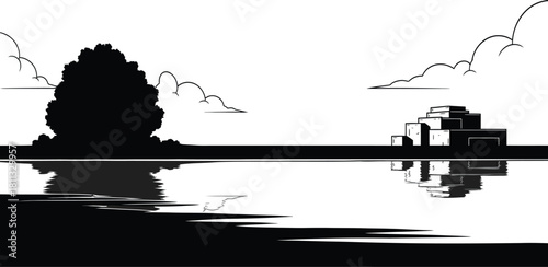 Monochrome lake landscape with tree buildings and cloud reflections