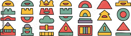 Playful Geometric Shapes Building Blocks and Castle Elements Pixel Art