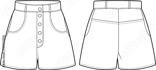 Women’s button front shorts CAD mockup flat vector illustration, high waist fashion design template, technical apparel outline, stylish summer clothing flat sketch