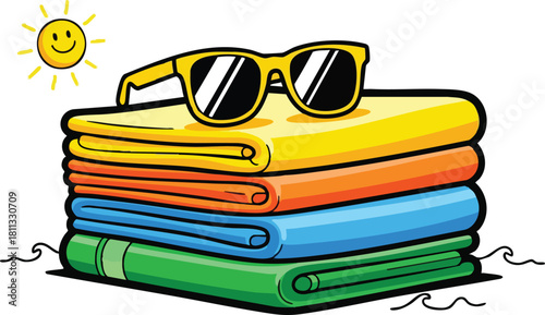 Stack of Folded Beach Towels With Sunglasses and a Smiling Sun Graphic Icon