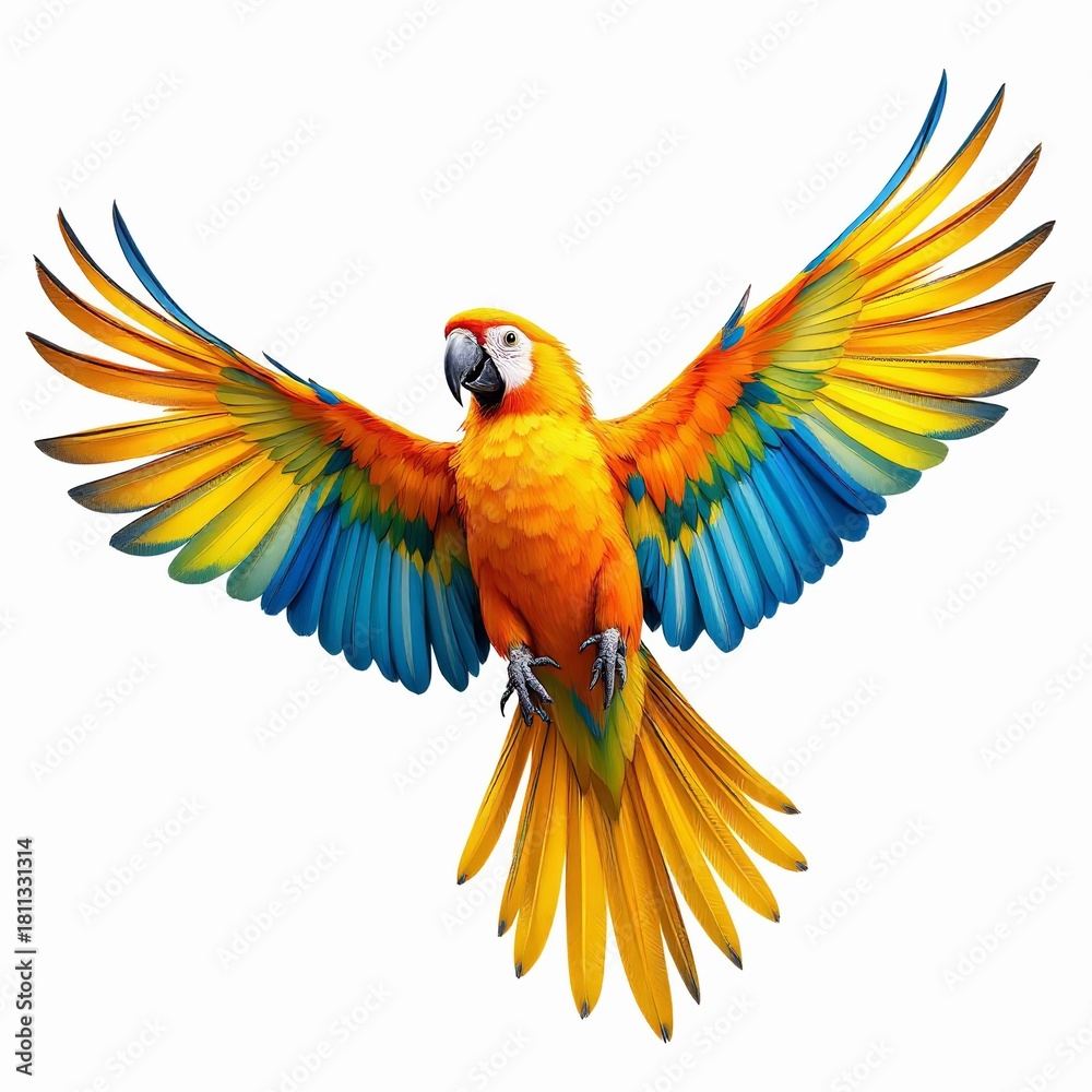 Obraz premium Colorful macaw parrot in flight, isolated on white background, wings spread, vibrant feathers, tropical bird, exotic wildlife, nature illustration