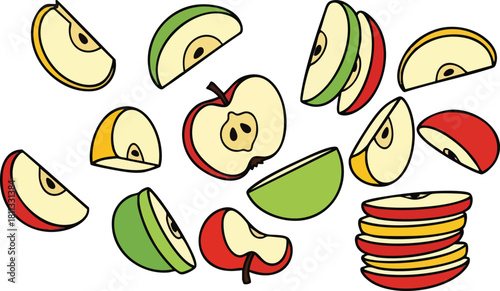 Collection Of Sliced Apples In Red Green Yellow Colors Isolated On White Background
