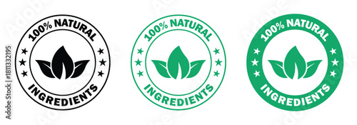 natural ingredients icon label. organic food badge with leaf, pure product stamp, 100% natural seal, eco-friendly sticker design, healthy organic emblem vector illustration.