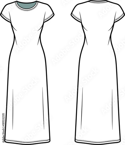 Women’s long dress short sleeve crew neck fashion technical flat sketch front and back view garment outline design  illustration