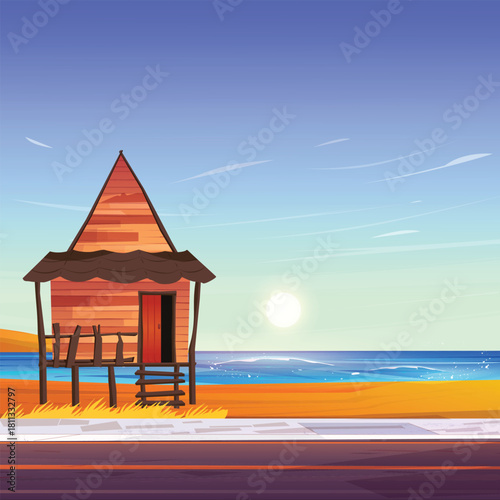 Illustration of a beach with sunset, huts by the sea
