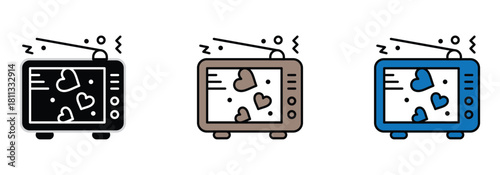 Vintage love broadcast featuring retro television icons in black, brown, and blue, a cute symbol of connection and nostalgia for Valentine's Day