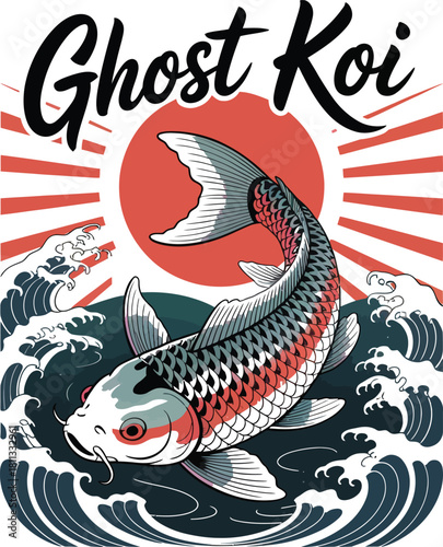 Stylized ghost koi fish illustration with sun and waves