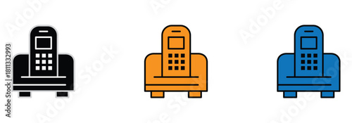 Three modern payment terminals icons in black, orange, and blue colors, representing secure transactions and cashless payments for retail businesses