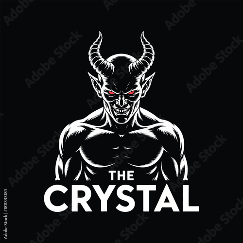 Demonic figure with horns and muscular physique in stark black and white