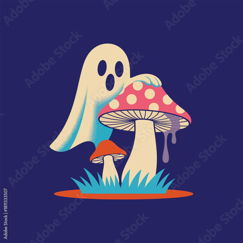 Cute ghost and psychedelic mushrooms with dripping paint on black background