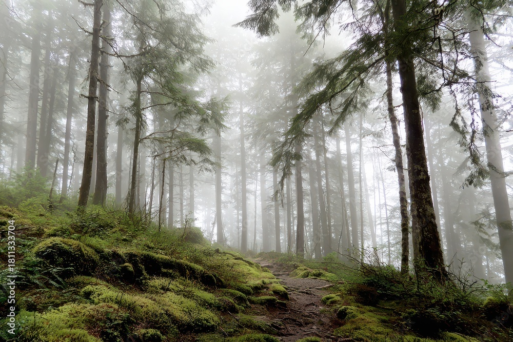 Obraz premium Quiet forest scene: foggy ambience and green hues