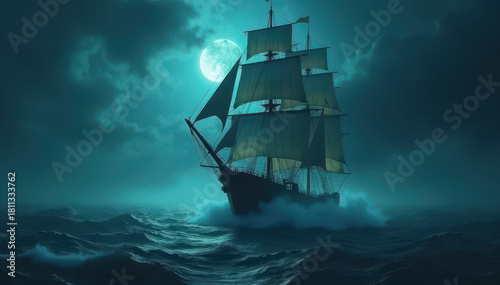 A majestic ship navigates turbulent waters beneath a full moon and dramatic clouds, evoking a sense of mystery and adventure.