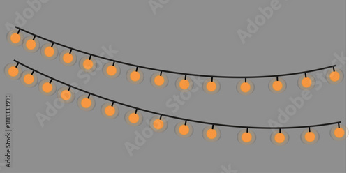 curved strings of glowing orange lights with anchor points on gray background, festive vector design element with editable paths and wire structure for digital decoration or graphic illustration