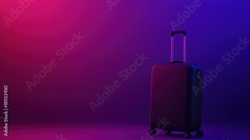 A sleek black suitcase with a retractable handle is showcased against a gradient background of purple and pink.