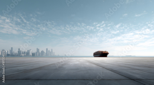 Fototapeta Naklejka Na Ścianę i Meble -  empty concrete public space or plaza against a bright blue sky, with a towering modern metropolis city skyline and a massive commercial cargo ship anchored in the deep water port