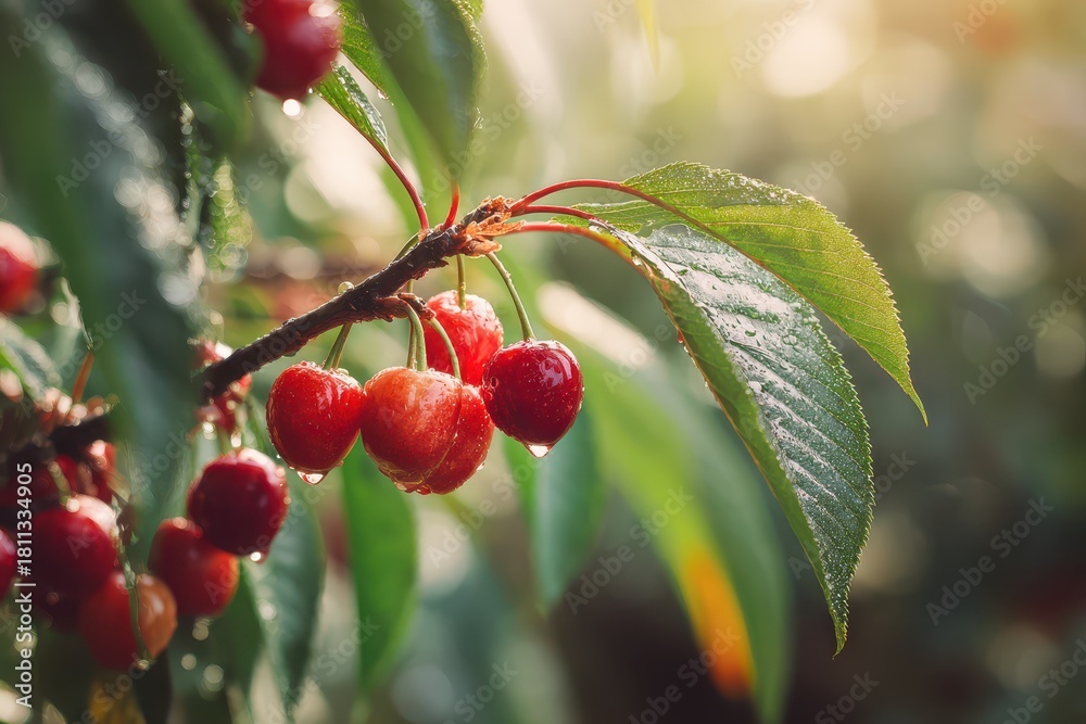 Obraz premium Ripe red cherries on a branch in a tranquil orchard at morning light