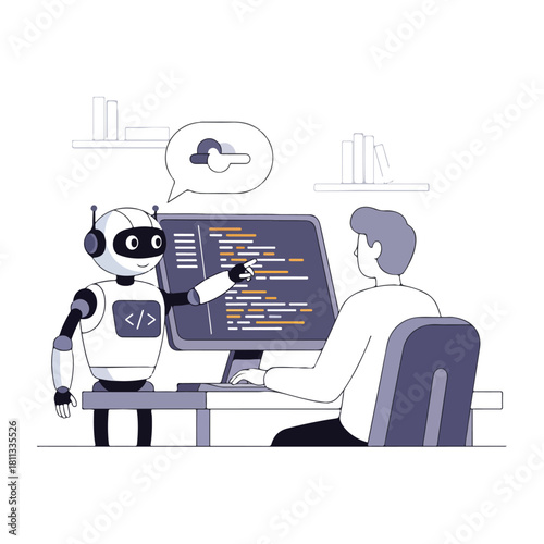 An AI robot assistant helping a male developer write code on a computer at a desk in a modern office setting.