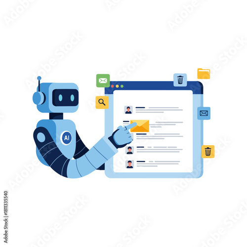 Robot pointing at email on a computer screen, with icons around it.