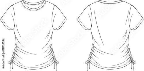 Women ruched side tie t-shirt front and back view, fashion flat sketch, short sleeve top design, apparel cad vector illustration